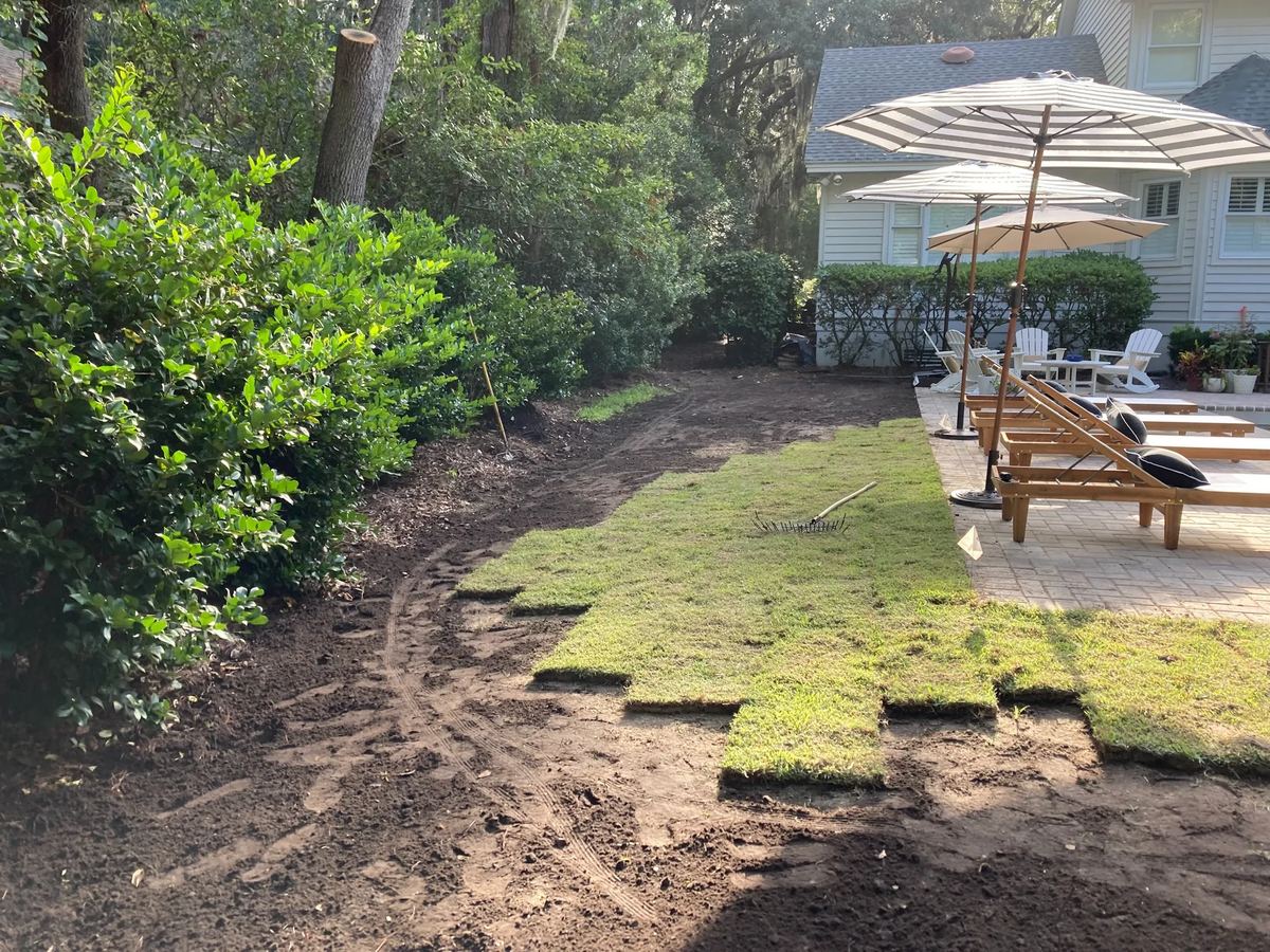 New sod being installed beside a pool deck